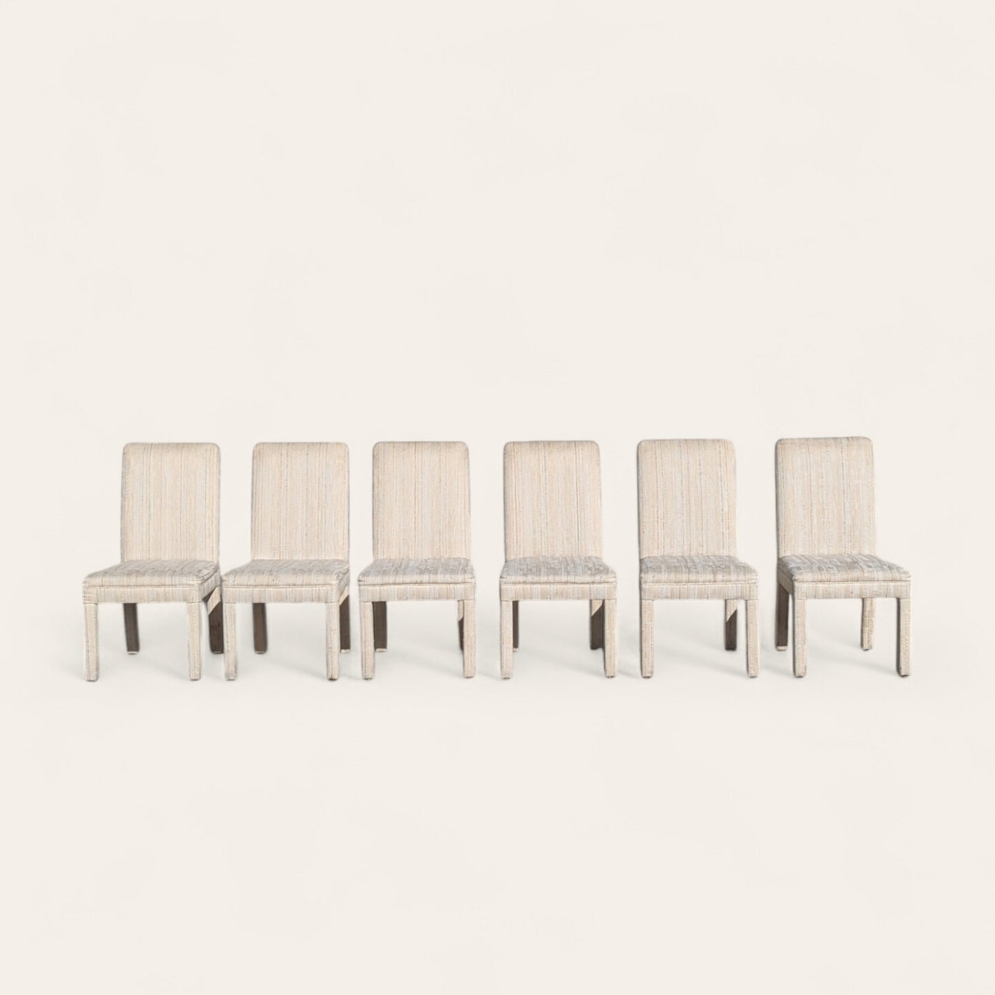 Set of 6 Postmodern 1980s Dining Chairs – Cream Textured Fabric w/ Subtle Color Flecks, Sculptural Silhouette