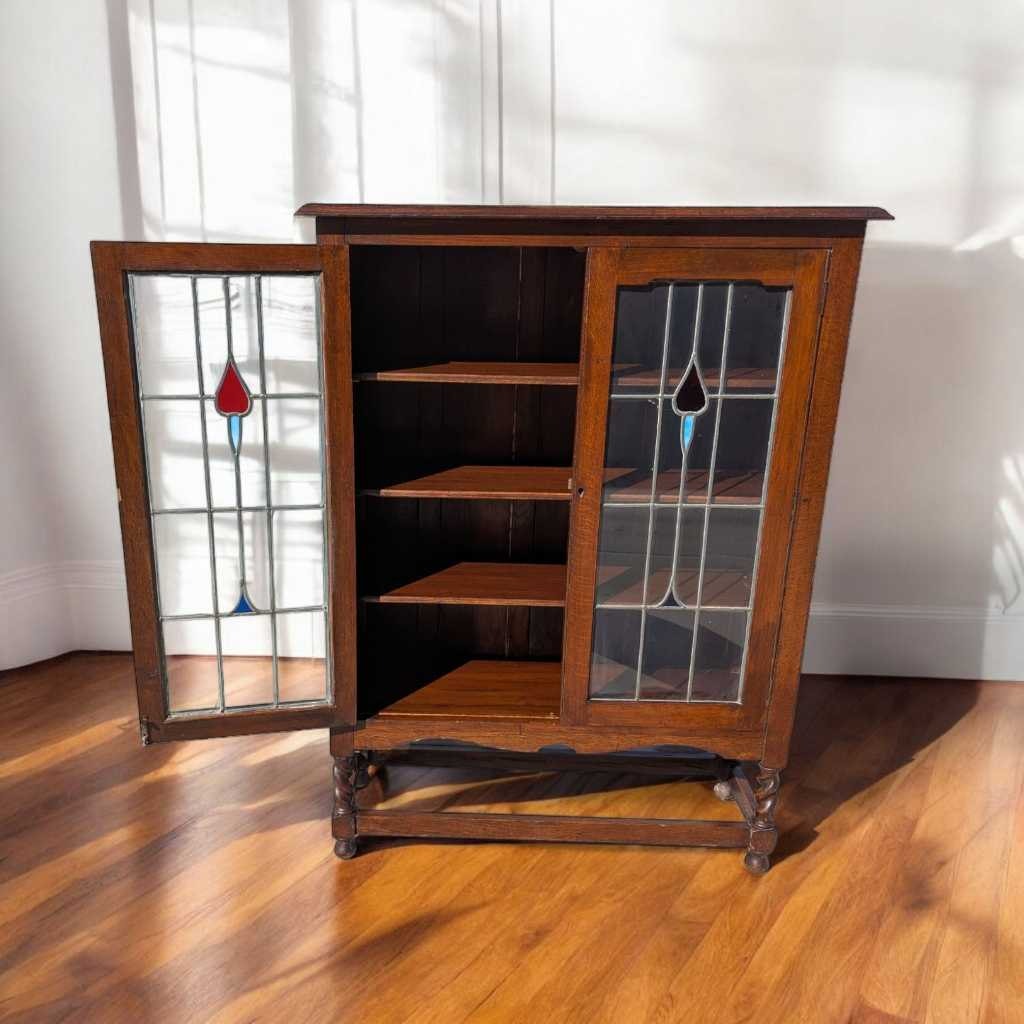 Antique Oak Cabinet with Stained Glass Doors – Leaded Glass Hutch with Shelving & Barley Twist Legs