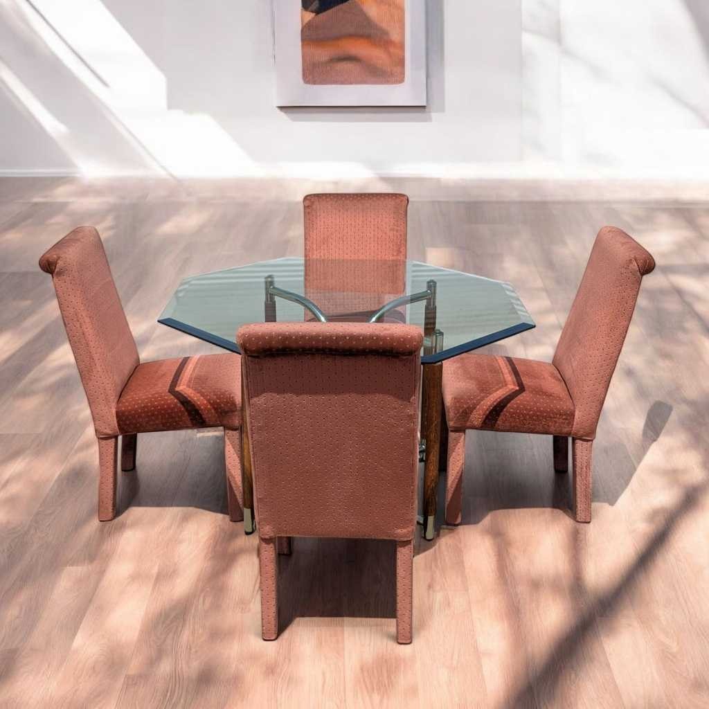 1980s Postmodern Dining Set β Octagonal Glass Table w/ Sculptural Base & 4 Pink Upholstered Chairs, Art Deco Revival Style