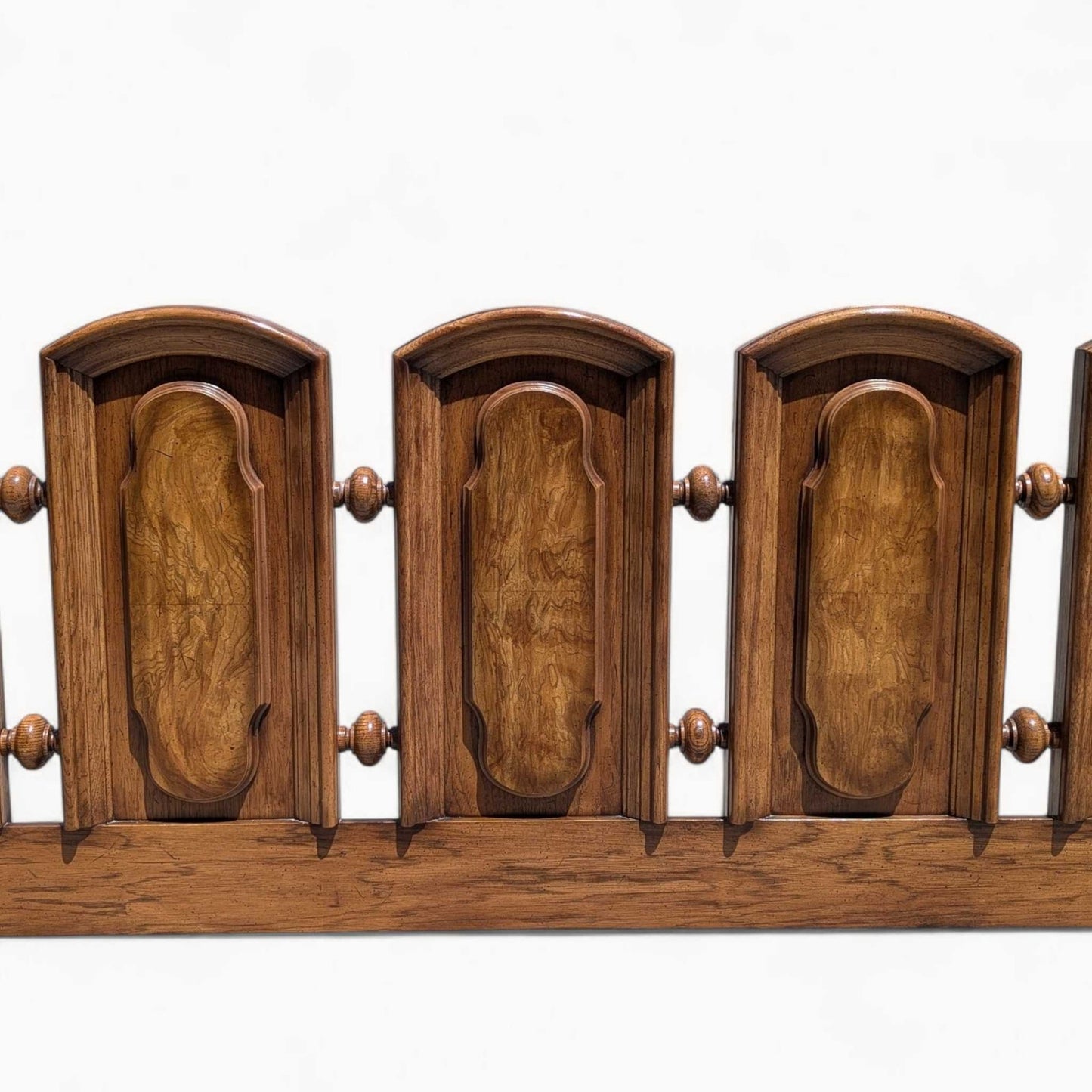 Vintage Oak King Headboard – Carved Panel Design with Turned Spindles