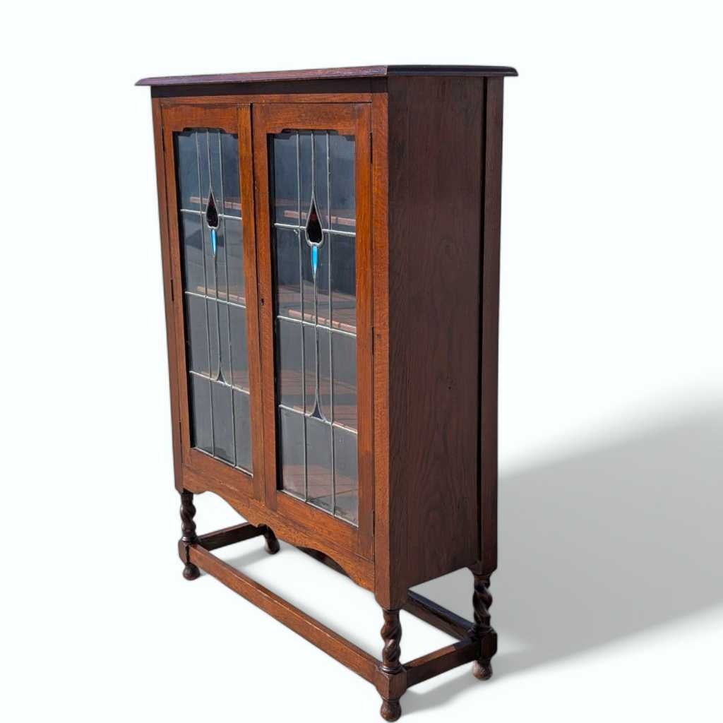 Antique Oak Cabinet with Stained Glass Doors – Leaded Glass Hutch with Shelving & Barley Twist Legs