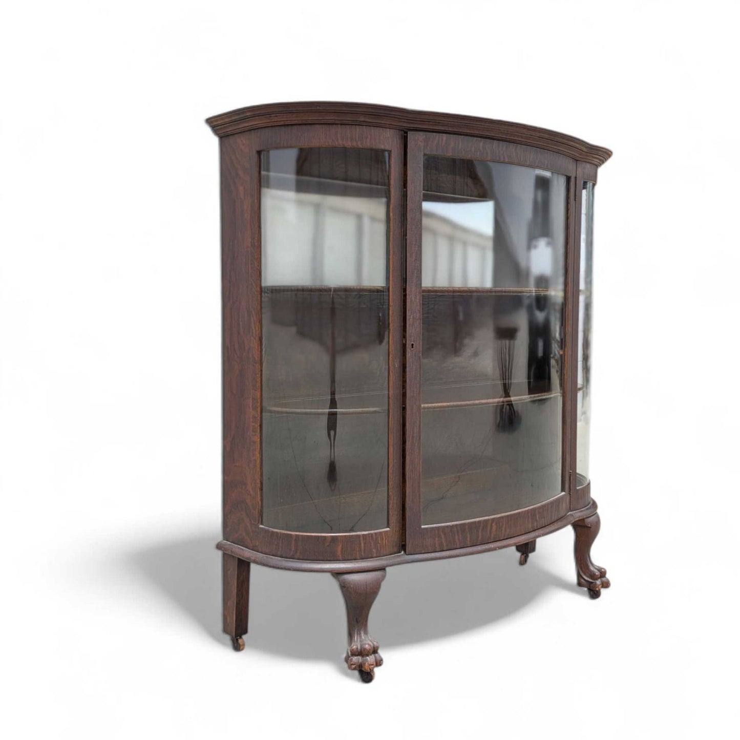 Vintage Curved Glass China Cabinet β Bow Front Display Hutch w/ Claw Feet, 49" Wide, Early 20th Century Style