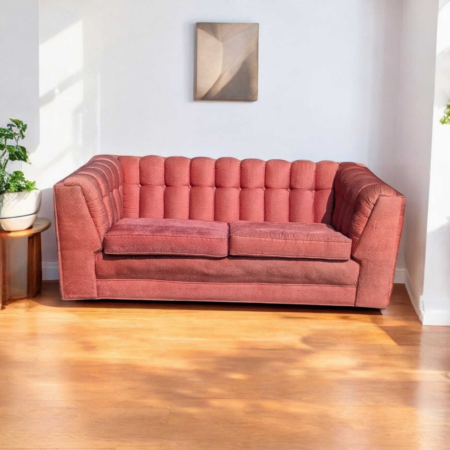 Vintage 1980s Tufted Sofa – Postmodern Loveseat in Rose Upholstery, Milo Baughman Style, 67" Long
