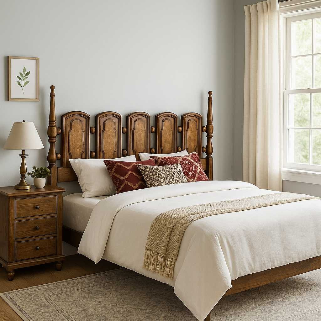 Vintage Oak King Headboard – Carved Panel Design with Turned Spindles