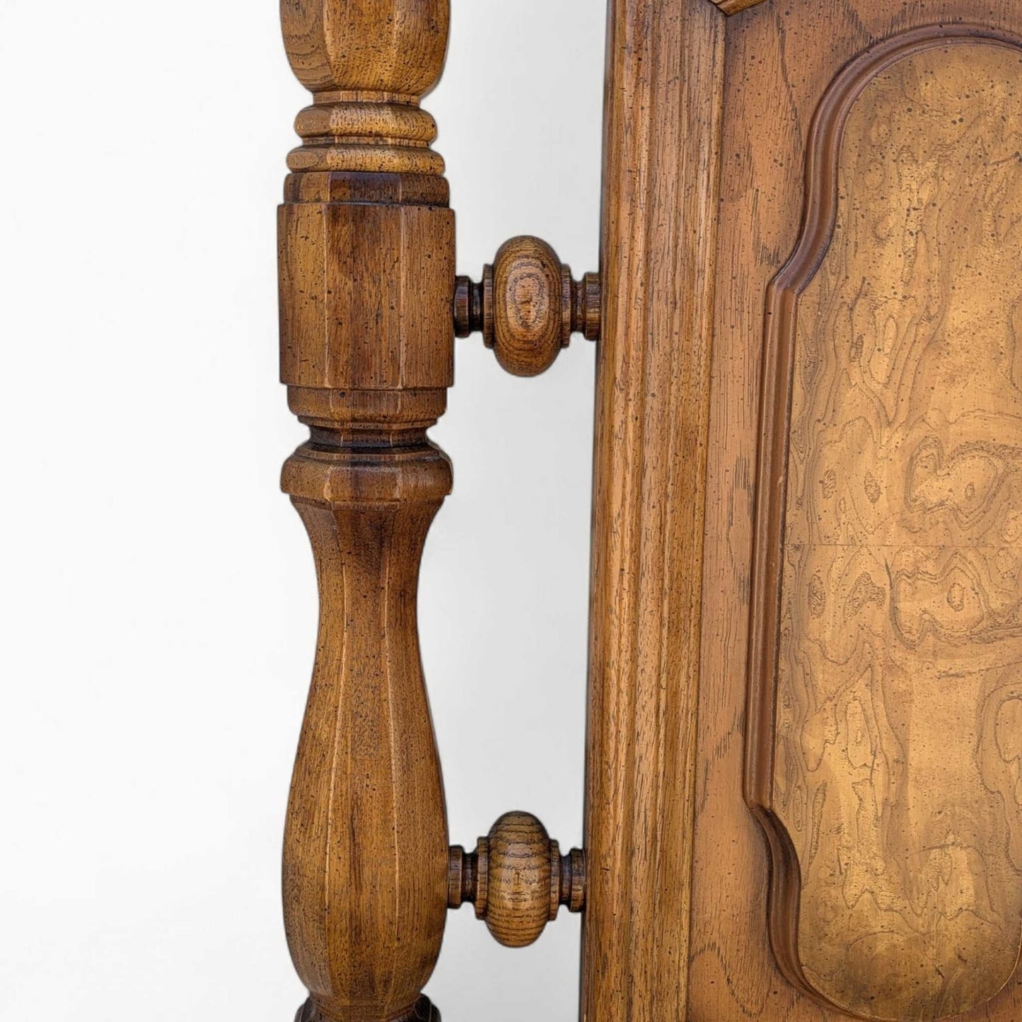 Vintage Oak King Headboard – Carved Panel Design with Turned Spindles