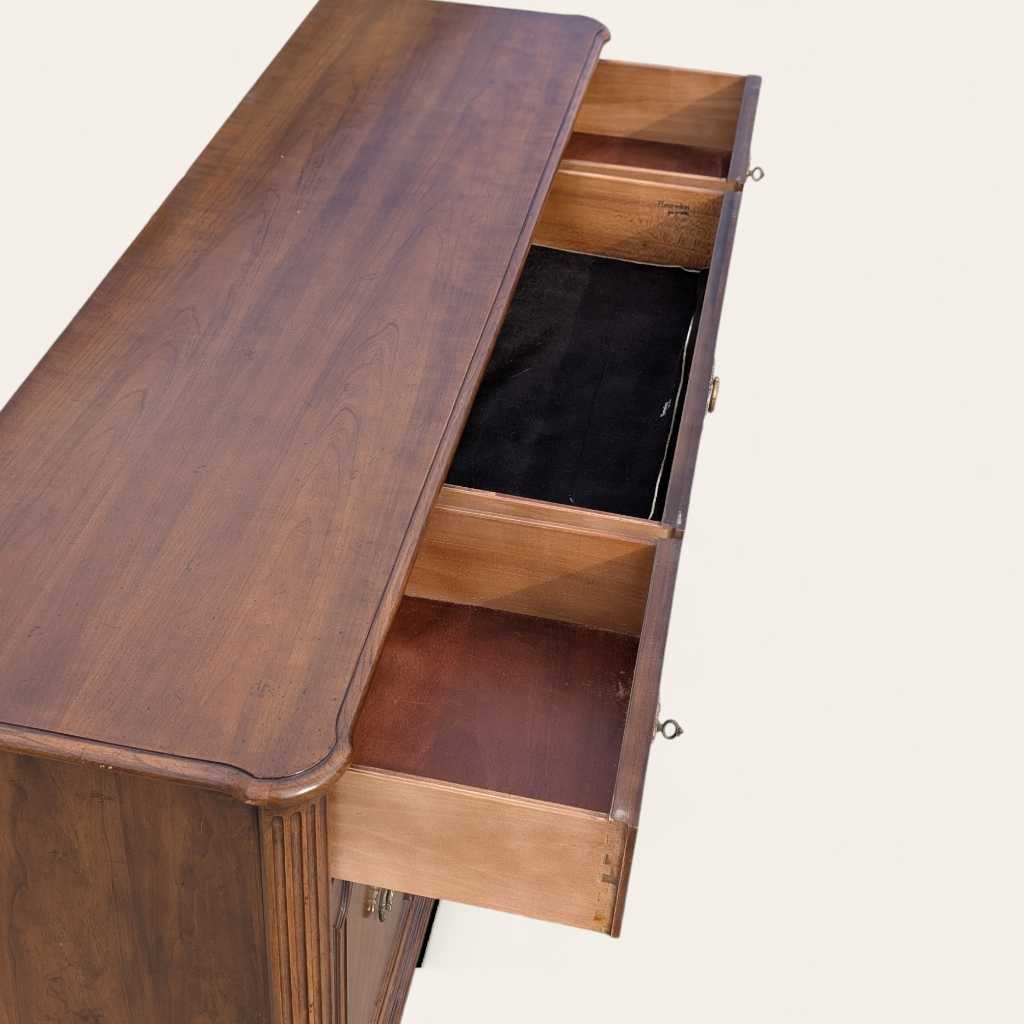 Henredon 1970s Credenza – Traditional Walnut Sideboard with Brass Pulls & Adjustable Shelving, 66” Vintage Cabinet