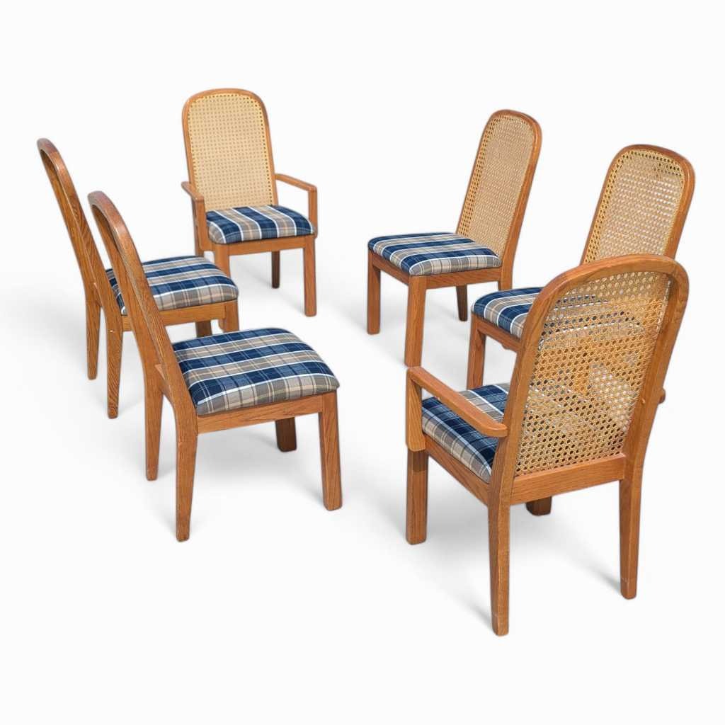 Cane Back Dining Chairs, Set of 6 Postmodern c. 1980s