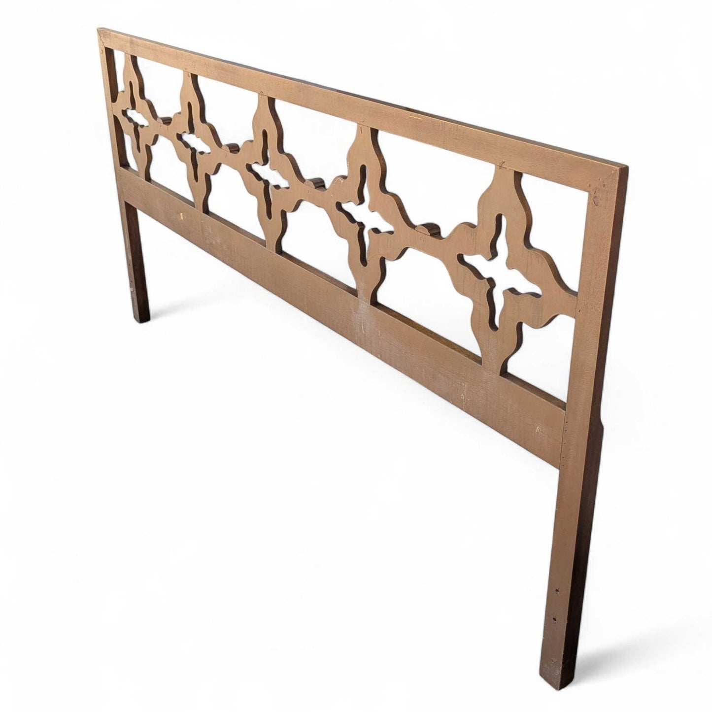 Mid Century Walnut Queen Headboard with Cutout Clover Motif, Vintage Solid Wood Bed