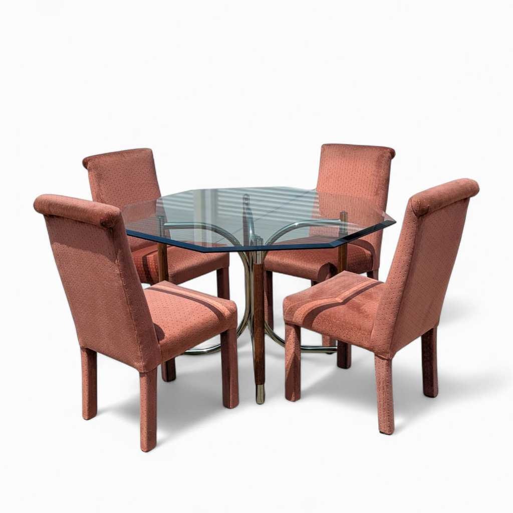 1980s Postmodern Dining Set β Octagonal Glass Table w/ Sculptural Base & 4 Pink Upholstered Chairs, Art Deco Revival Style