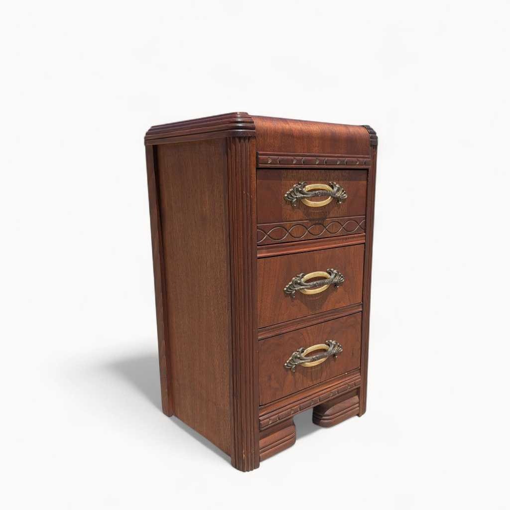 Art Deco Nightstand – 1930s Vintage Bedside Table, Waterfall Edge, 26" Tall, Excellent Condition
