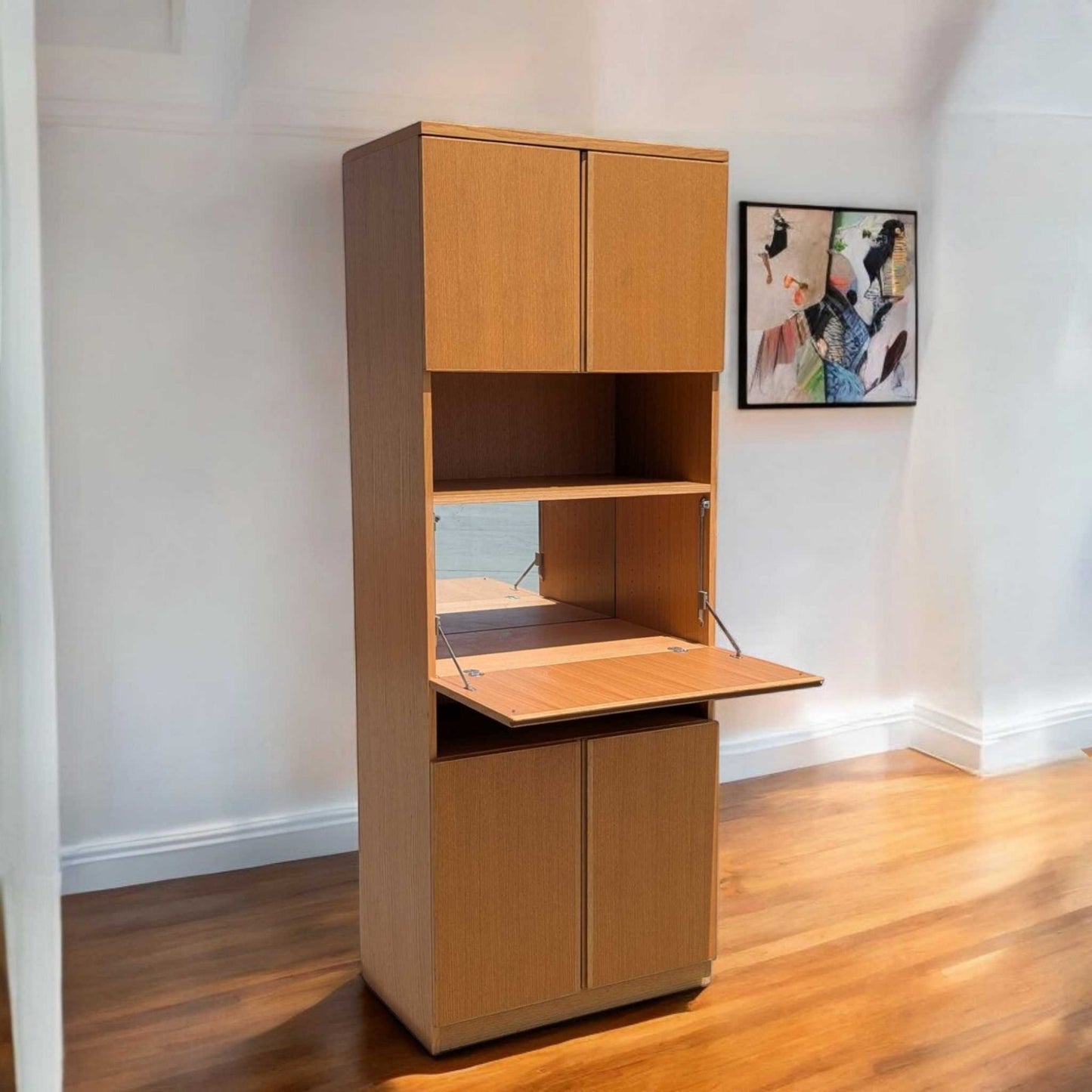 Vintage Bauhaus Tall Bar Cabinet – Drop Front w/ Mirror, Modern Storage Tower, 84" High, Made in Canada, MCM Style