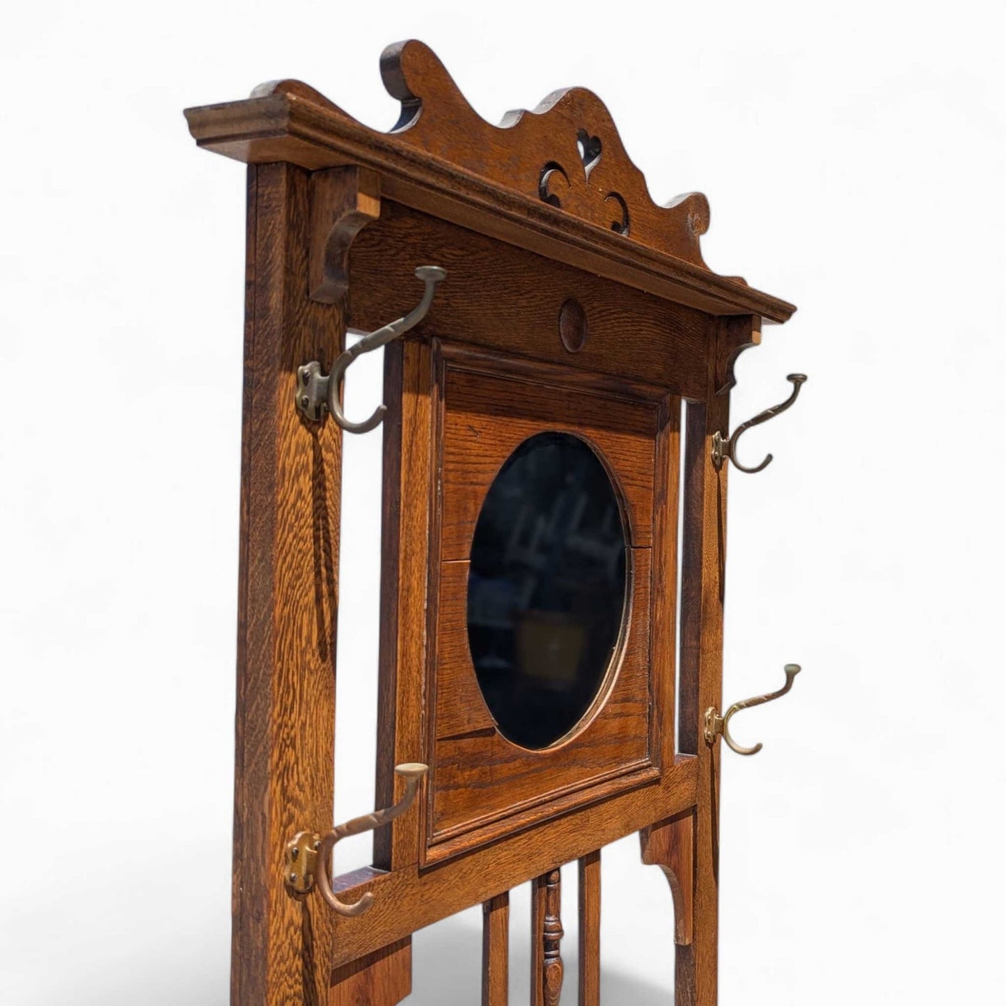 Antique Oak Hall Tree with Mirror, c. 1900s
