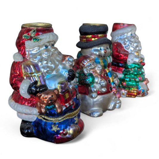 Set of Three Hand-Painted Holiday Candle Holders — Santa & Snowman, Vintage Christmas Decor