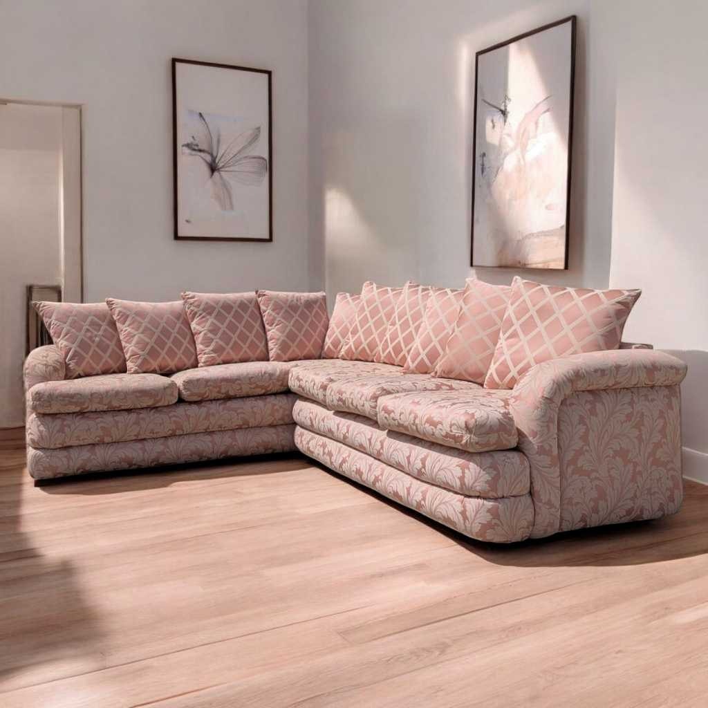 Postmodern Sectional Sofa – 80s Vintage Pink Sofa, Retro Floral Design, Curved Couch, Statement Living Room Furniture