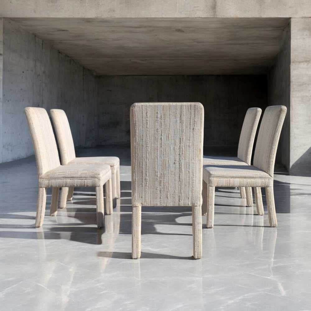 Set of 6 Postmodern 1980s Dining Chairs – Cream Textured Fabric w/ Subtle Color Flecks, Sculptural Silhouette