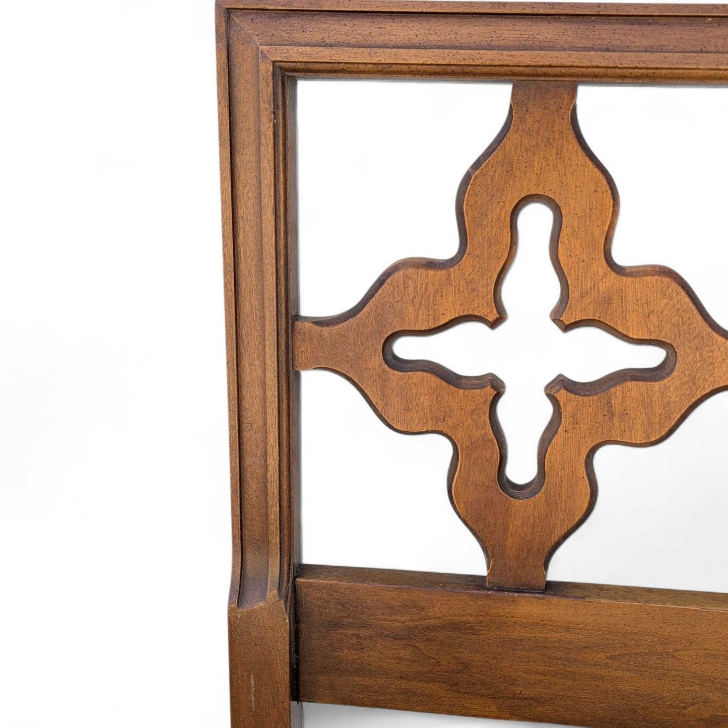 Mid Century Walnut Queen Headboard with Cutout Clover Motif, Vintage Solid Wood Bed