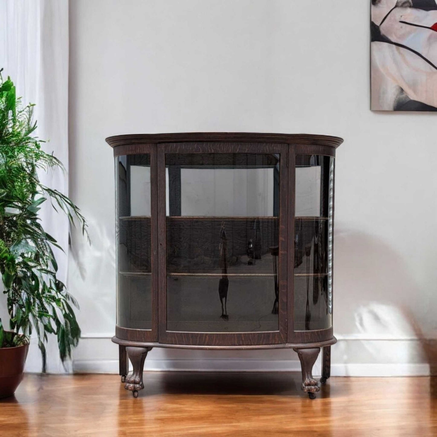 Vintage Curved Glass China Cabinet β Bow Front Display Hutch w/ Claw Feet, 49" Wide, Early 20th Century Style