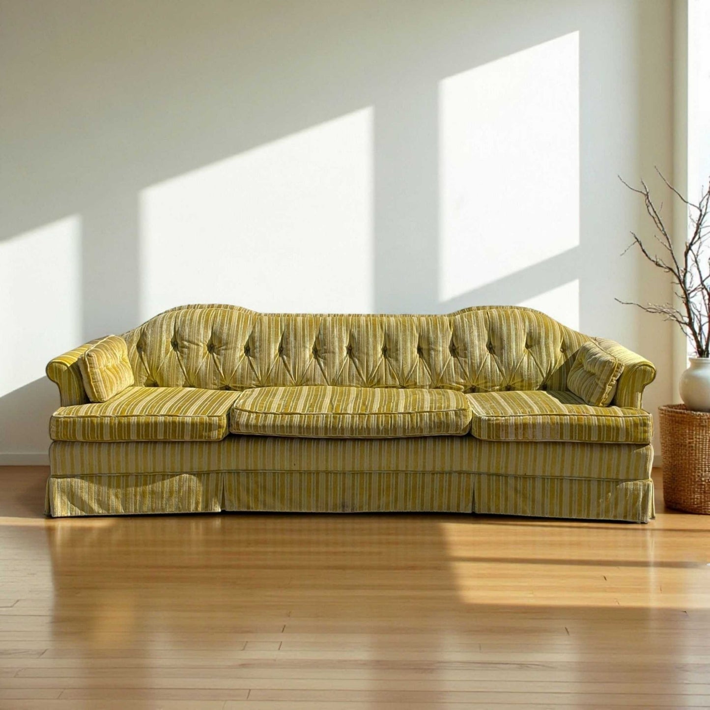 Vintage 96” Tufted Striped Sofa – Mid Century Curved Back Couch, Cleaned + New Foam Included, Unique Hollywood Regency Style