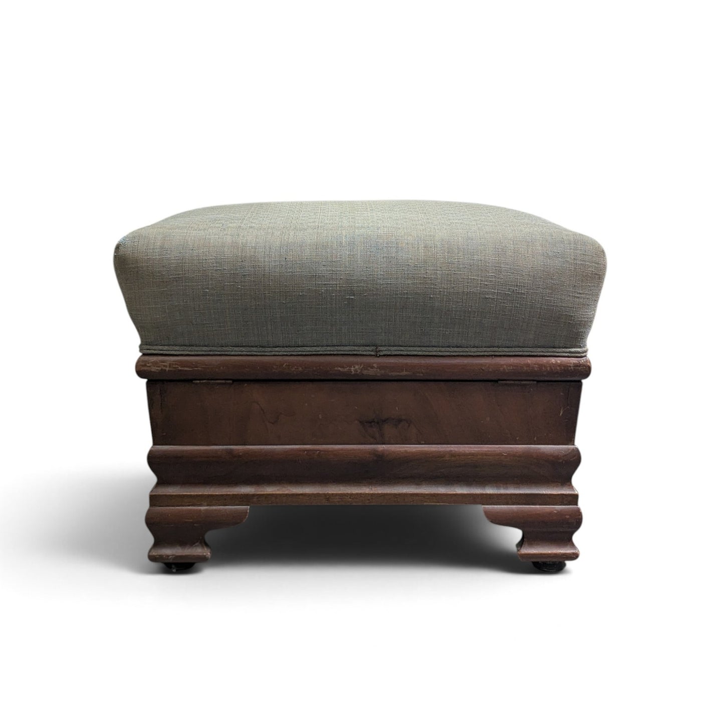 Early-to-Mid 20th Century Upholstered Wood Storage Ottoman with Hinged Lid