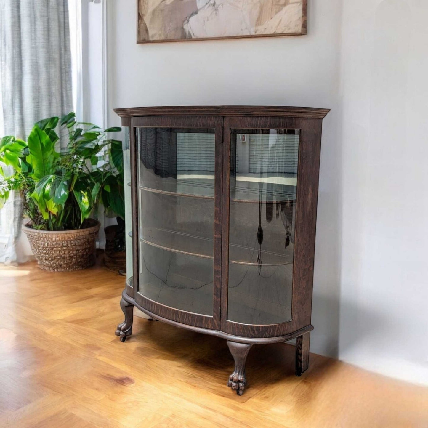 Vintage Curved Glass China Cabinet β Bow Front Display Hutch w/ Claw Feet, 49" Wide, Early 20th Century Style