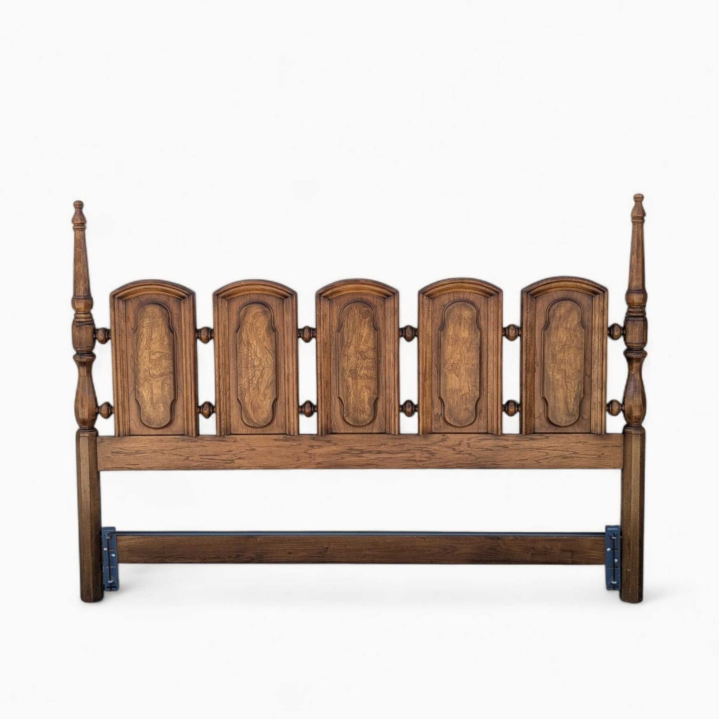 Vintage Oak King Headboard – Carved Panel Design with Turned Spindles