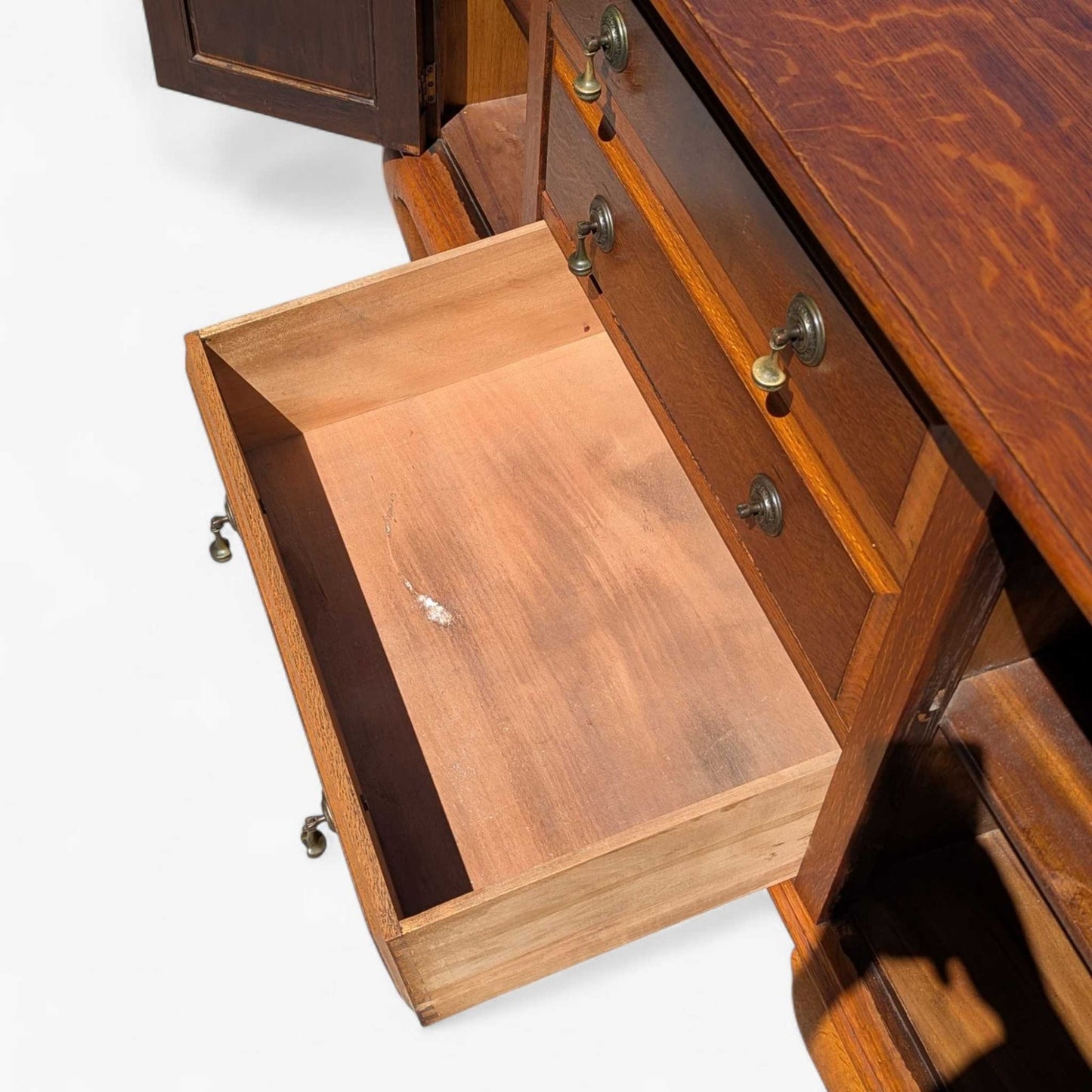 Vintage Oak Sideboard Buffet with Queen Anne Legs, 3 Drawers + Cabinet Storage, Traditional English Style Credenza, 61.75” Wide