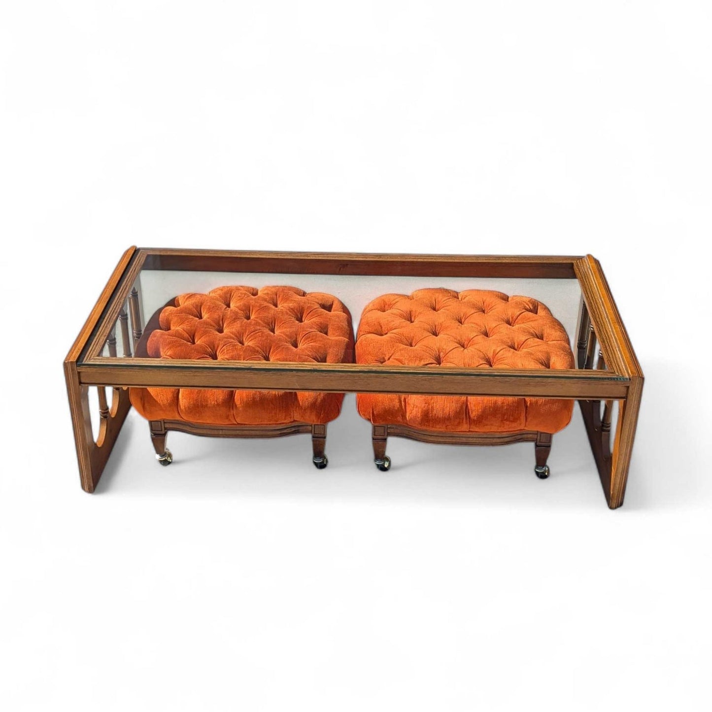 Mid Century Coffee Table with Pair of Tufted Orange Velvet Ottomans