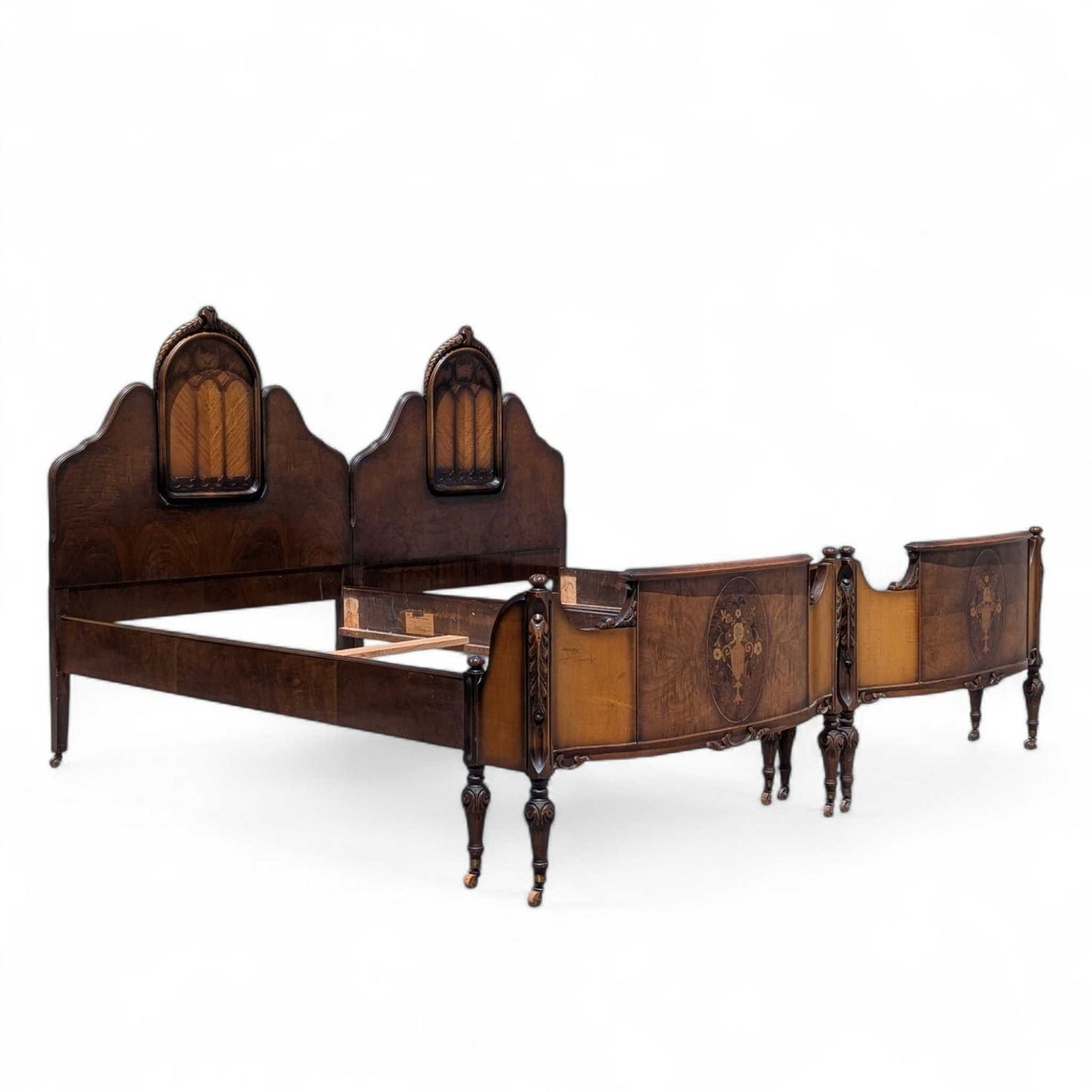 Antique Twin Bed Frame with Inlay | French Style Carved Wood Bed | Twin Size Vintage Bed | Ornate Floral Detail | 1920s Bedroom Decor