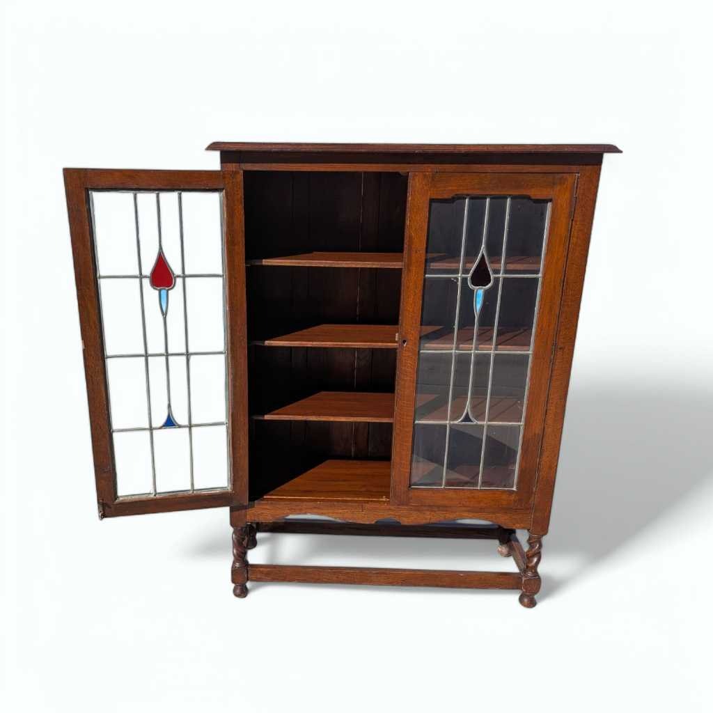 Antique Oak Cabinet with Stained Glass Doors – Leaded Glass Hutch with Shelving & Barley Twist Legs