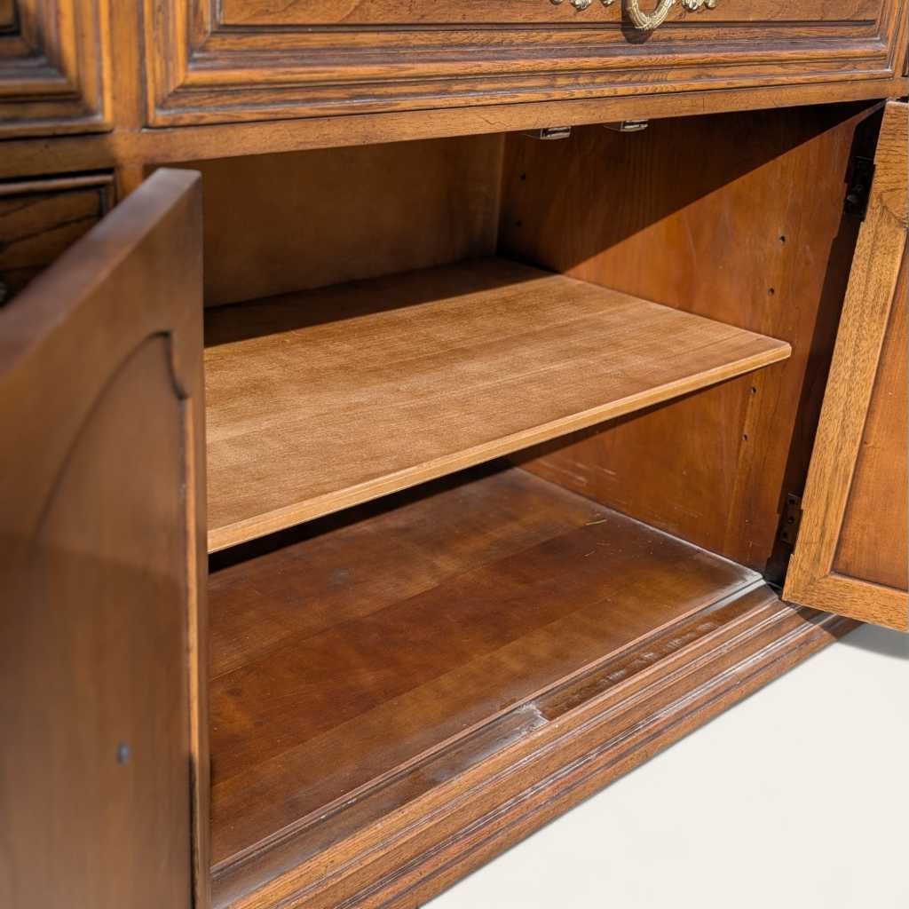 Henredon 1970s Credenza – Traditional Walnut Sideboard with Brass Pulls & Adjustable Shelving, 66” Vintage Cabinet