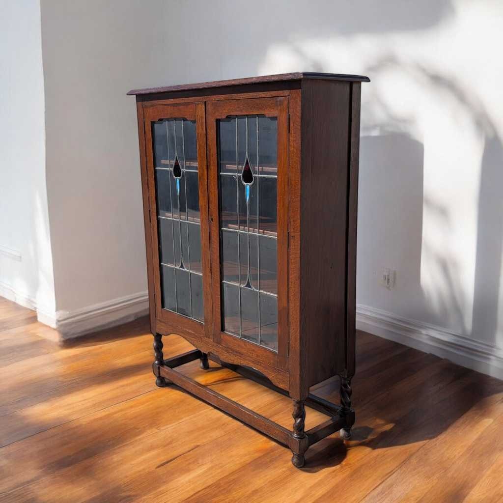 Antique Oak Cabinet with Stained Glass Doors – Leaded Glass Hutch with Shelving & Barley Twist Legs