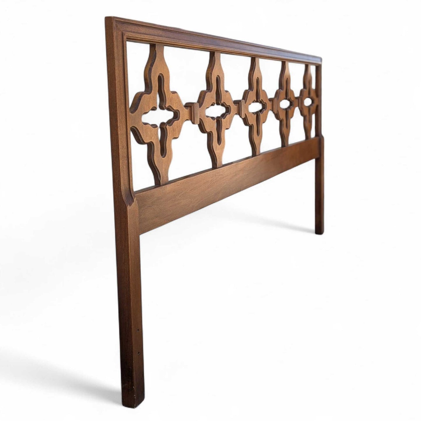 Mid Century Walnut Queen Headboard with Cutout Clover Motif, Vintage Solid Wood Bed