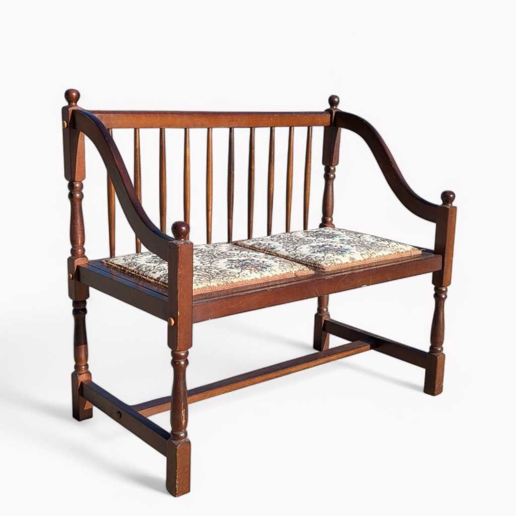 Vintage Spindle Back Wood Settee – Floral Upholstered Bench with Curved Arms, Entryway or Hall Seating
