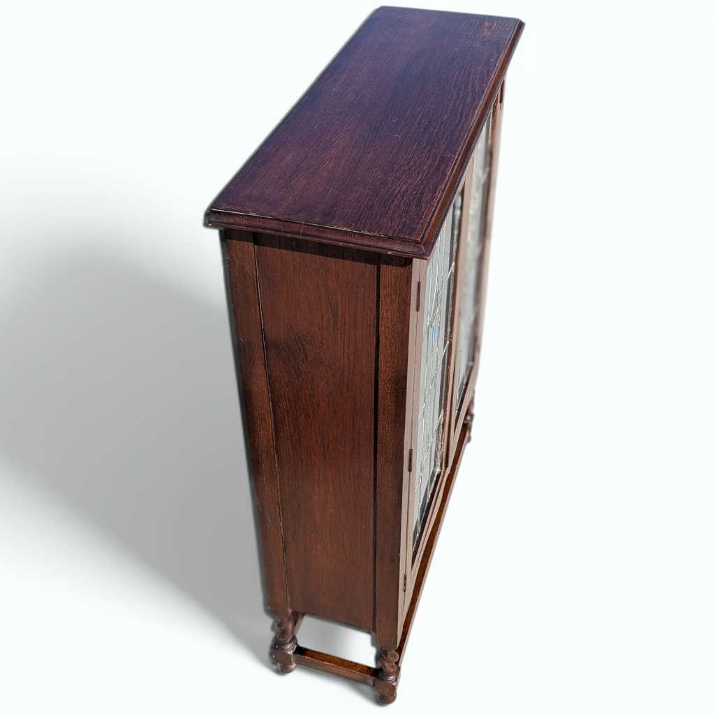 Antique Oak Cabinet with Stained Glass Doors – Leaded Glass Hutch with Shelving & Barley Twist Legs