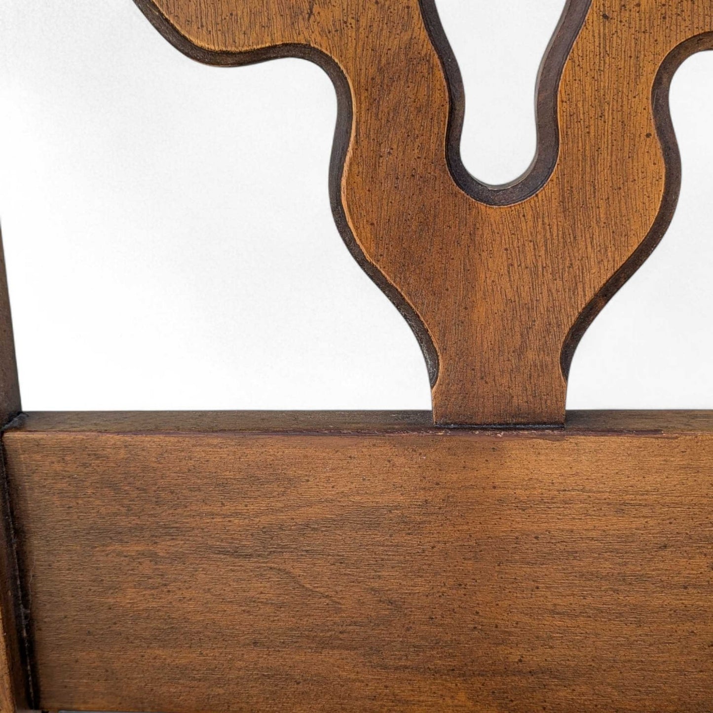 Mid Century Walnut Queen Headboard with Cutout Clover Motif, Vintage Solid Wood Bed