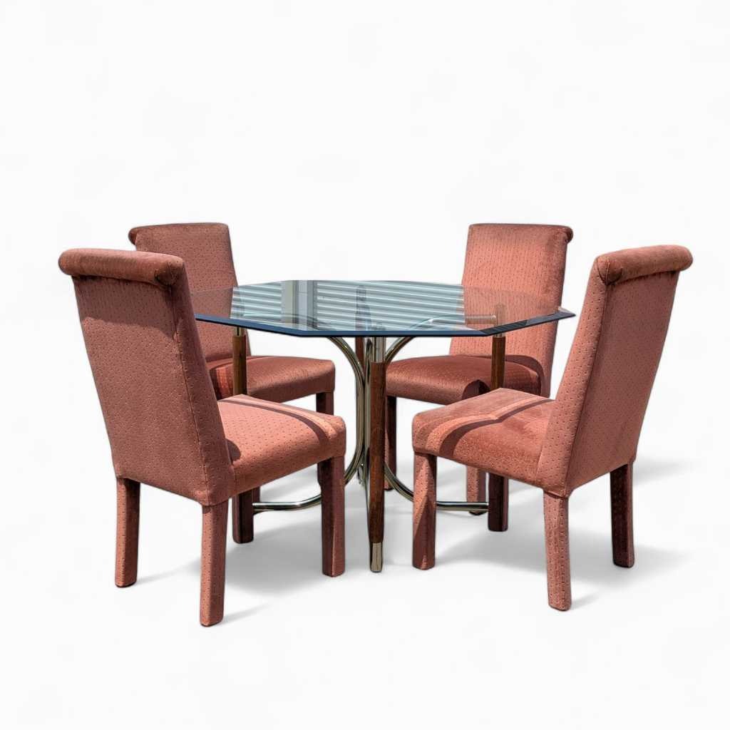 1980s Postmodern Dining Set β Octagonal Glass Table w/ Sculptural Base & 4 Pink Upholstered Chairs, Art Deco Revival Style