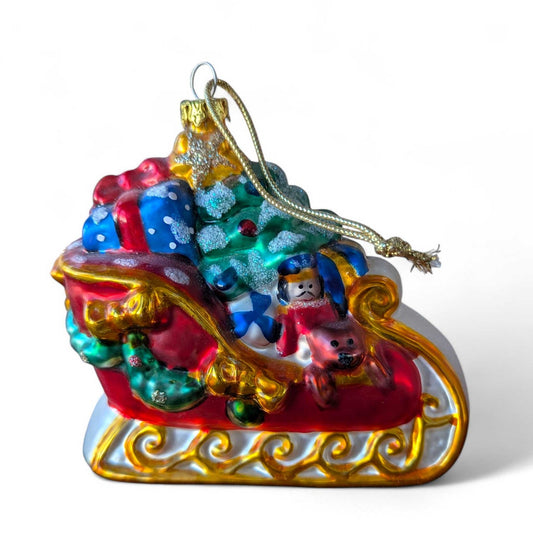 Vintage 1999 Hand-Painted Glass Santa Sleigh Ornament, Christmas Tree Decor, Holiday Collectible, BK Marked