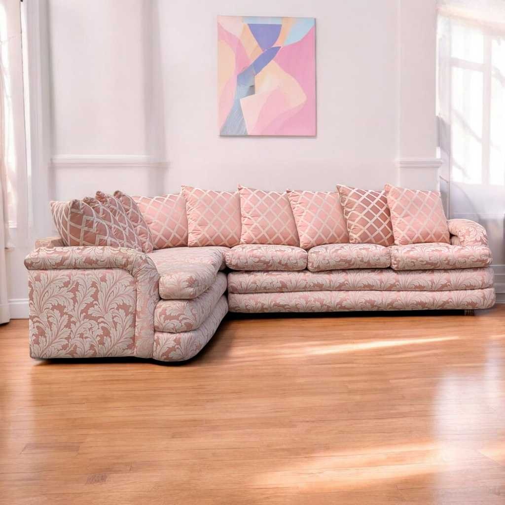 Postmodern Sectional Sofa – 80s Vintage Pink Sofa, Retro Floral Design, Curved Couch, Statement Living Room Furniture