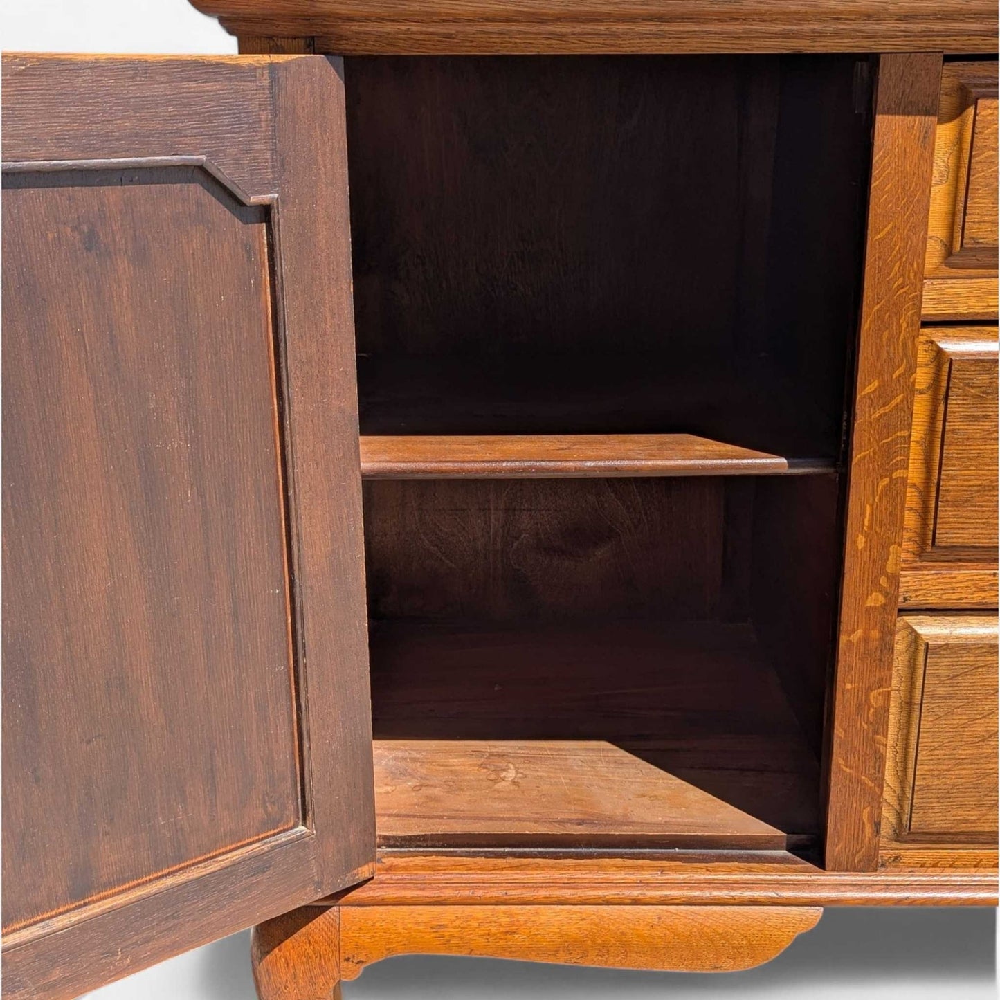 Vintage Oak Sideboard Buffet with Queen Anne Legs, 3 Drawers + Cabinet Storage, Traditional English Style Credenza, 61.75” Wide