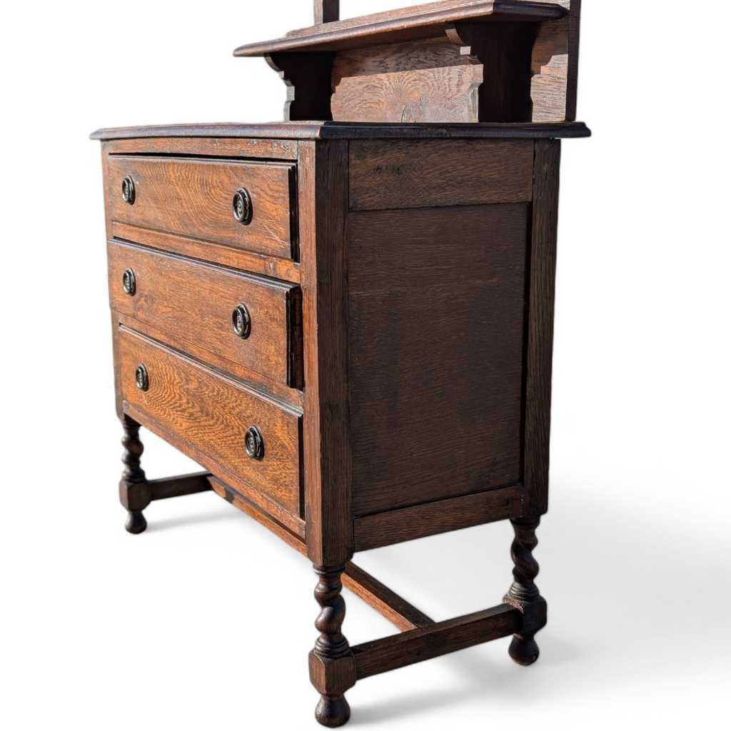 Antique Tiger Oak Dresser with Mirror – Barley Twist Detail, Vintage Vanity with Drawers, Early 1900s