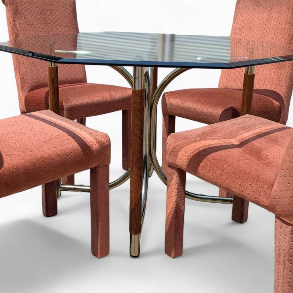 1980s Postmodern Dining Set β Octagonal Glass Table w/ Sculptural Base & 4 Pink Upholstered Chairs, Art Deco Revival Style