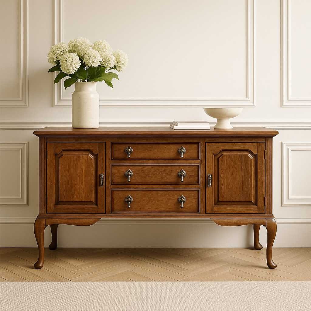 Vintage Oak Sideboard Buffet with Queen Anne Legs, 3 Drawers + Cabinet Storage, Traditional English Style Credenza, 61.75” Wide
