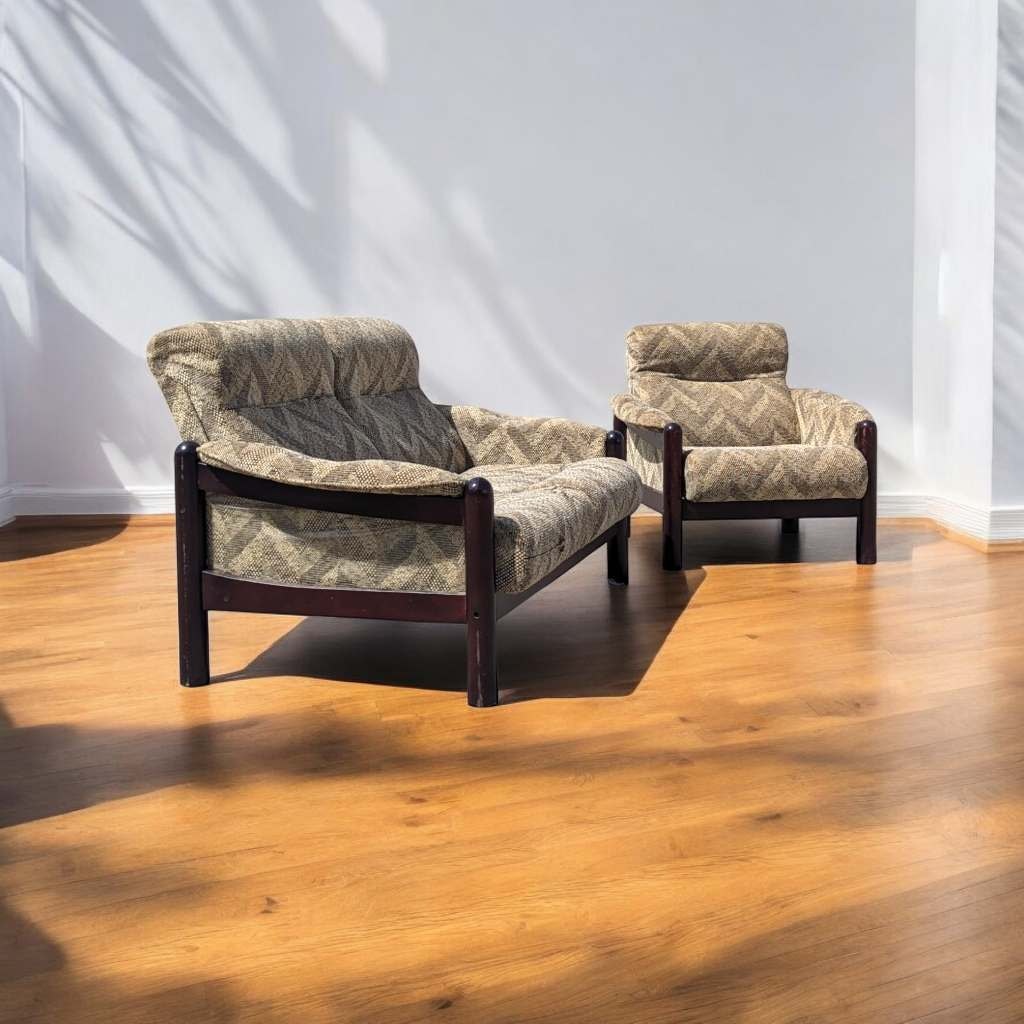 Vintage Wood-Frame Loveseat and Lounge Chair Set