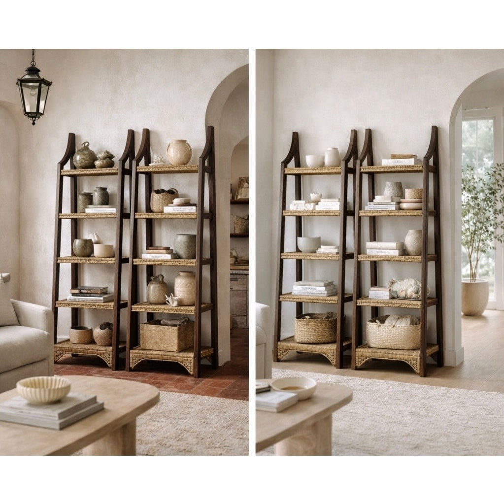 Pair of Sculptural Wooden Étagère Shelves with Woven Rush Shelves, Mid-20th Century