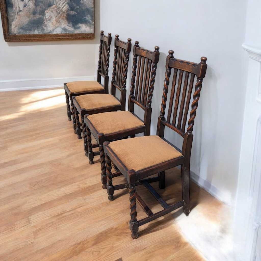 Antique Dining Chairs – Set of 4 Wooden Chairs, Vintage Dining Room Chairs, Classic Design with Barley Twist Legs