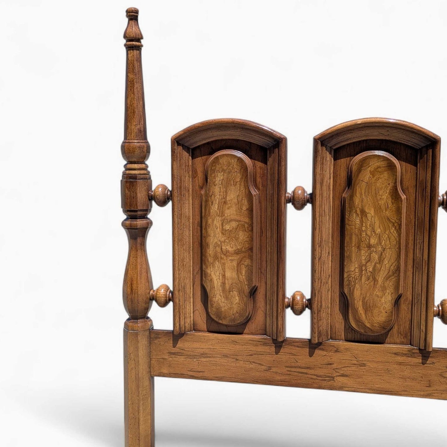 Vintage Oak King Headboard – Carved Panel Design with Turned Spindles
