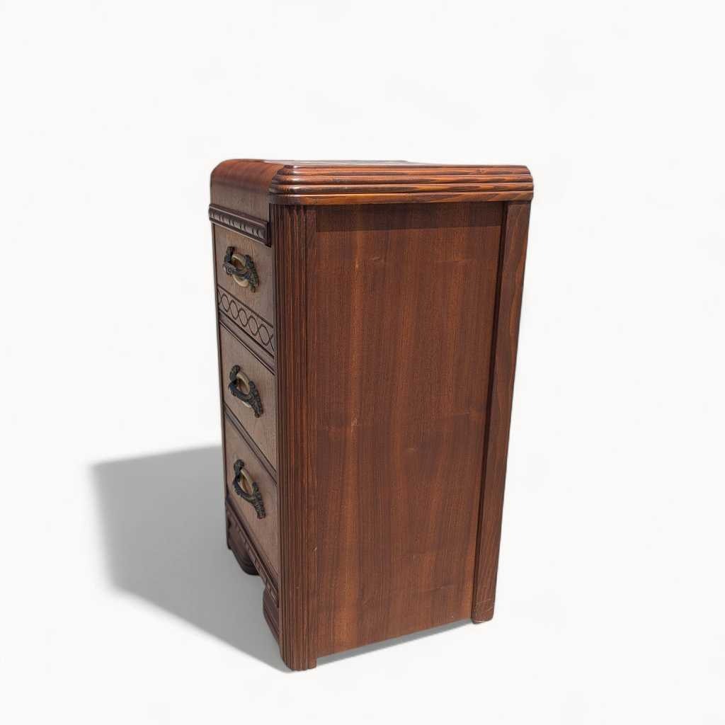 Art Deco Nightstand – 1930s Vintage Bedside Table, Waterfall Edge, 26" Tall, Excellent Condition