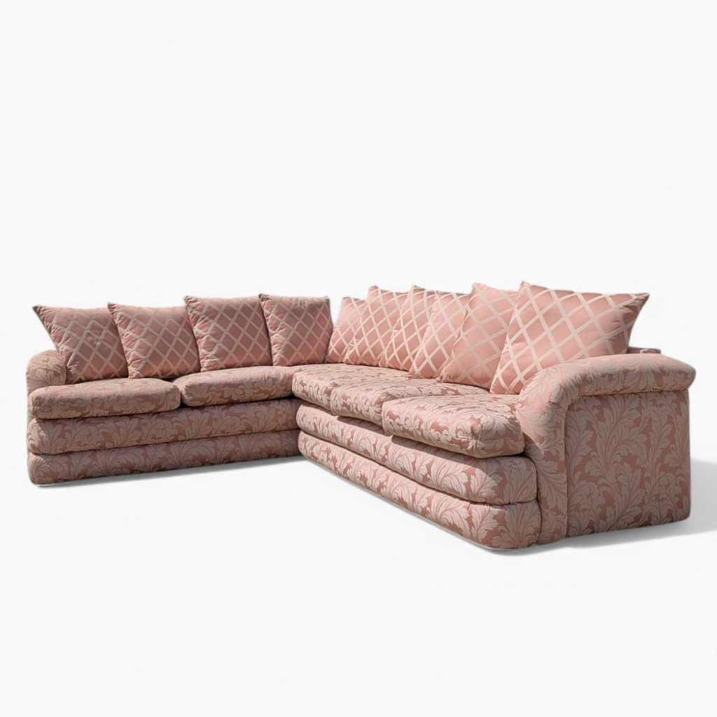Postmodern Sectional Sofa – 80s Vintage Pink Sofa, Retro Floral Design, Curved Couch, Statement Living Room Furniture