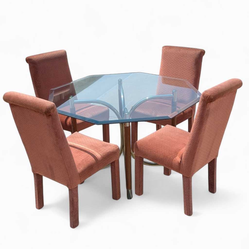 1980s Postmodern Dining Set β Octagonal Glass Table w/ Sculptural Base & 4 Pink Upholstered Chairs, Art Deco Revival Style