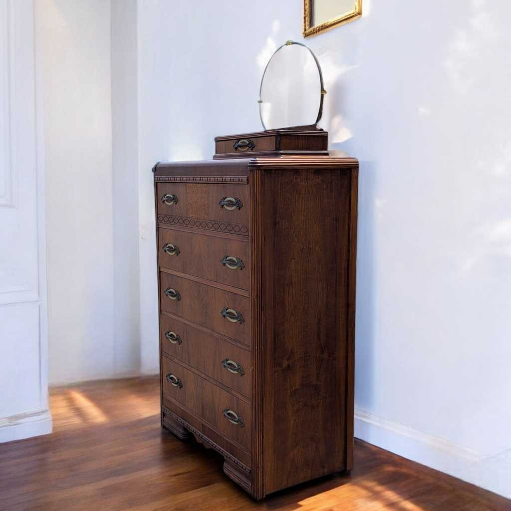 Art Deco Waterfall Chest of Drawers β Vintage 1930s Dresser, Tallboy, Mirror, Solid Wood Storage